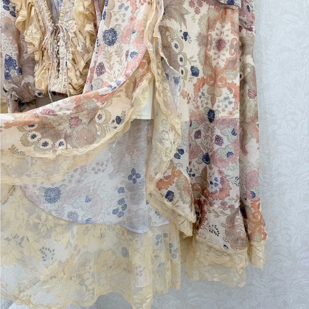 Zimmermann Floral Lace Tiered High-Low Midi Skirt in Cream with Pastel Accents